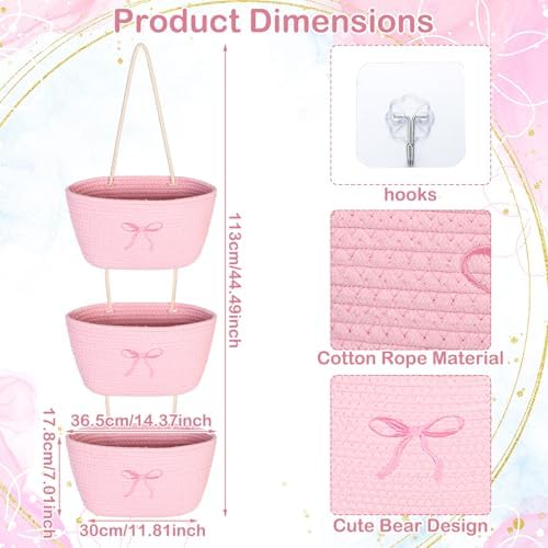 SiliFine 3 Tier Large Pink Bow Woven Hanging Basket 14.4 x 11.8 x 7 Inch - Image 2
