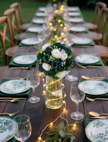 BLOSMON Green Flowers Centerpieces for Party: 15 Faux Silk Roses, 6 Pcs - Image 6