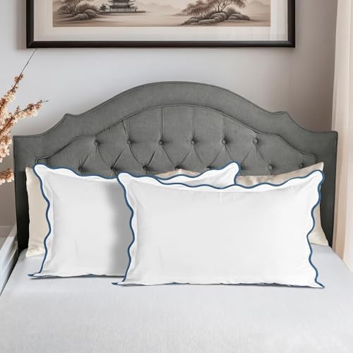 Ridhi White with Blue Scalloped 100% Cotton Throw Pillow Covers 20x30 Inch - Image 2