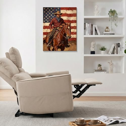 Patriotic Cowboy Canvas Wall Art 4th of July American Flag Oil Painting USA Flag Cowboy Wall Decor Independence Day Rustic Home Decor for Living Room Bedroom 16x24in - Image 3