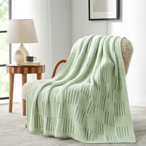 Snuggle Sac Faux Fur Checkered Blanket Twin Size,Super Soft Reversible Cozy Warm Blanket for Sofa Bedroom,Cute Lightweight Striped Throws for Women,Heather Sage Green,60x80 inches by SnuggleSac