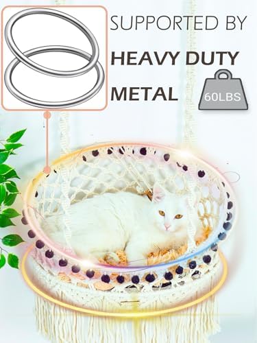 KARCEEY Macrame Cat Hammock - Hanging Cat Bed for Wall & Window - Boho Swing with Full Hardware Kit & Nip Toy - Stable Heavy Duty Design for Large & Senior Felines up to 60lbs - Image 2