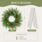 24 Inch Christmas Wreath for Front Door with Decorative Wreath Sash, Faux Norfolk Pine Wreath with Red Berries Pinecones and Eucalyptus Leaves, Farmhouse Holiday Decor - Image 2