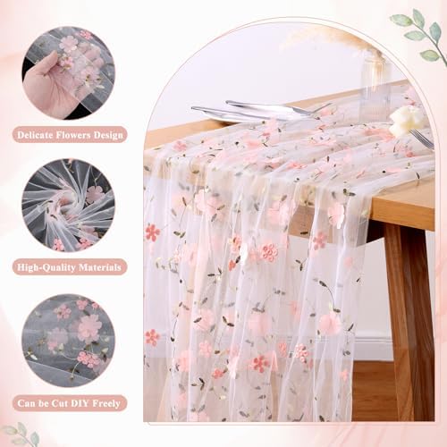 4 Pack Embroidery Floral Table Runner Rustic Spring Summer Wildflower Tulle Table Runner Vintage Flower Kitchen Dining Tabletop Runners Decoration for Home Wedding Party, 108x24.5 Inch (Pink Flowers) - Image 3