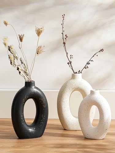 LE TAUCI Ceramic Vases Set of 2, Black Hollow Donut Flower Vases, Modern Decorative Centerpiece for Home Decor, Coffee Table, Shelf, Mantel, Black Bronze Speckle (H10.5”xW8.5”) - Image 6