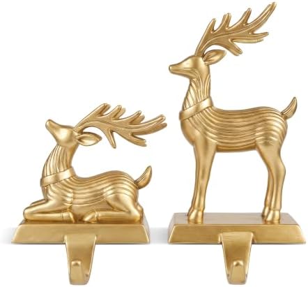 TwoDays 2-Pack Reindeer Christmas Stocking Holders for Mantle - Vintage Gold Resin Deer with Safety Adhesives, Deer Hooks Statues for Xmas Fireplace Decor by TwoDays