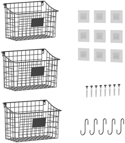 Wall Mounted Bin Basket with 5 Hooks 3 Label Plate Adhesive-3 Pack, Cabinet Hanging Metal Wire Basket,Rustic Farmhouse Decor, Storage Organization Shelf for Pantry Kitchen Bathroom 10.6*7.5*5.1inch by X-cosrack