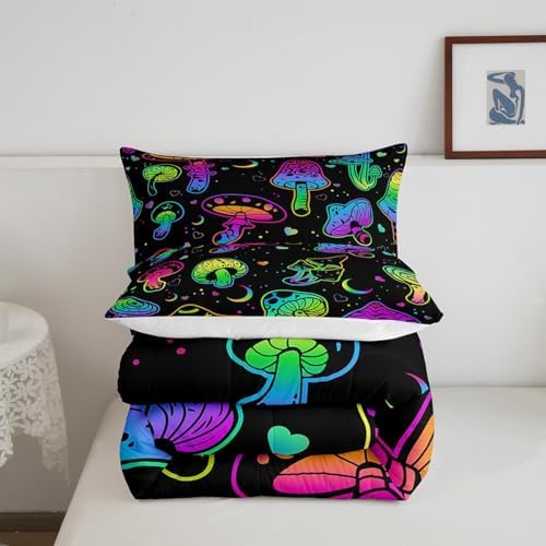 Erosebridal Trippy Mushroom Bedding Set King Purple Teal Mushrooms Comforter for Kids Girls Teens Women Ombre Gradient Stars Galaxy Down Comforter Colorful Botanical Wild Plants Bedding Comforter Set - Image 5
