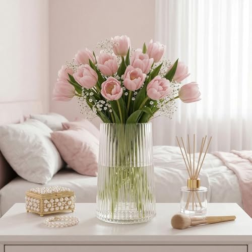 Clear Glass Vase for Flower, Flower Vase for Bouquet, Modern Glass Vases, Ribbed Vases for Living Room, Bedroom, Dining Table, Office, Wedding, Centerpieces, 8 Inches - Image 2