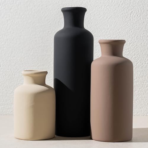 Ceramic Vase Set of 3, Modern Neutral Minimalist Home Decor, Boho Rustic Farmhouse Decorative Vases for Pampas Grass Dried Flowers | Table Centerpiece Entryway Mantel Shelf(Black Mix Set - White#2) by BLLOOO