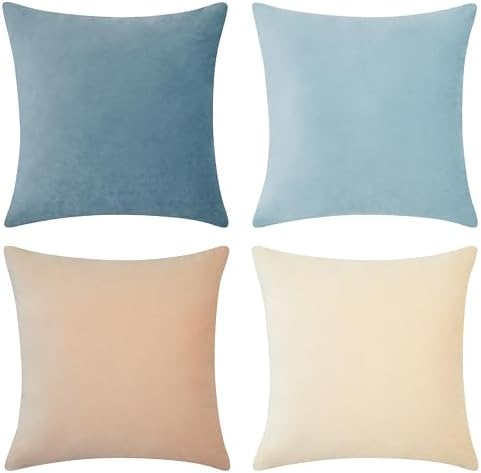MONDAY MOOSE Decorative Throw Pillow Covers Cushion Cases, Set of 4 Soft Velvet Modern Designs, Mix and Match for Home Decor, Pillow Inserts Not Included (18x18 inch, Beige/Light Blue) - Image 5