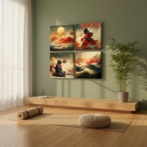 4-Piece Vintage Japanese Samurai Wall Art Canvas Prints, Framed 12x12 Inch - Image 6