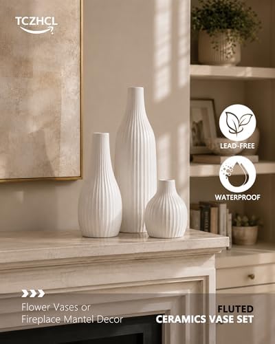 Minimal Line White Ceramic Vase Set of 3, Matte Decorative Flower Vases - Image 3