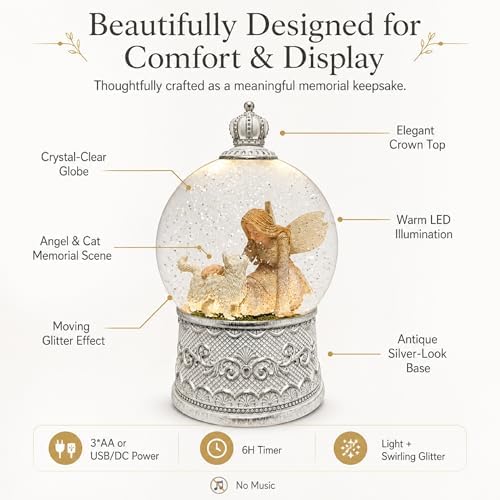 Cat Memorial Gifts for Loss of Cat Sympathy Gift, Snow Globe with Auto Swirling Glitter & 6H Timer, Battery or USB Powered, Cat Remembrance Gifts for Home Decor - Image 5