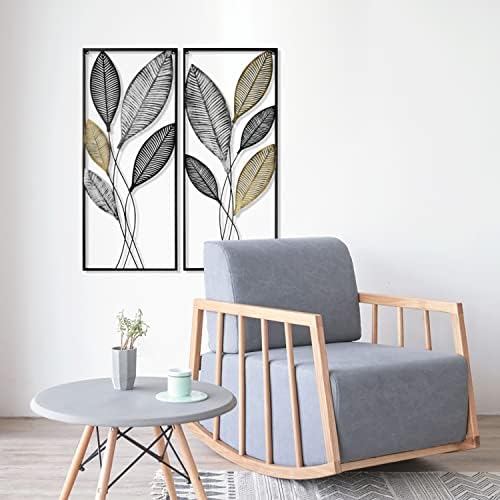 Metal Wall Decor Set of 2, Leaf Art Wall Hanging Home Decor with Frame, Tree of Life Accent Home Decor, Metal Wall Decoration Sculptures for Living Room, Office, Home, Hotel, Indoor, 14" W x 35" H - Image 4