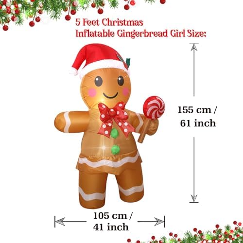 Christmas Inflatables Gingerbread Man Girl Lighted Yard Lawn Inflatable Decoration with Built-in Fan and Stakes Ropes Holiday Party Decor, Christmas Decor (5FT-Gingerbread Girl Holds Candy) - Image 3