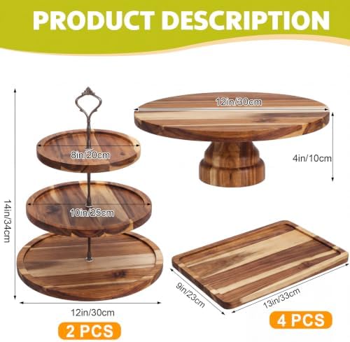 RattanView 7 Pcs Wooden Dessert Display Set 3 Tier Stands Trays, Brown - Image 2