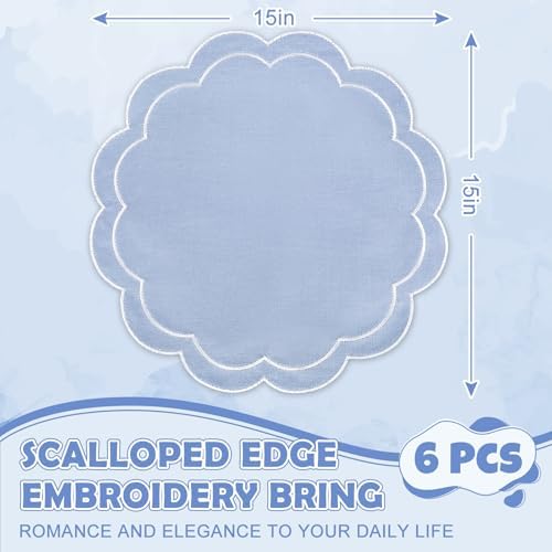 Whaline Dusty Blue Linen Placemats Embroidered Round Scalloped Kitchen Table Mats for Spring Easter Party Home Dining Table Decor, Set of 6, 15 x 15 in - Image 2