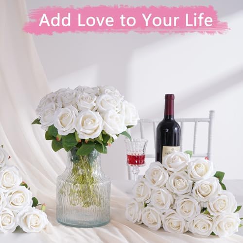 100Pcs White Roses Artificial Flowers, Real Touch Velvet Fake Roses Bouquet - Image 4