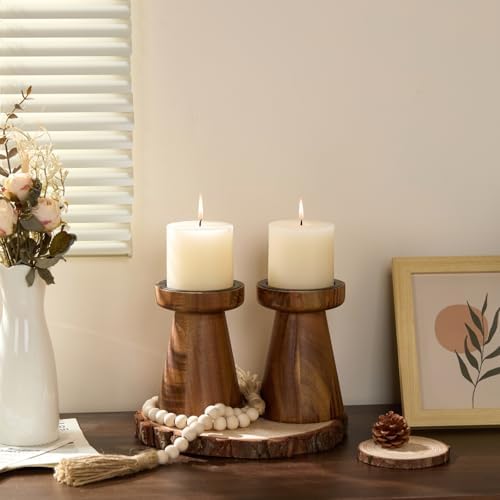 Set of 2 Rustic Acacia Wood Candle Holders for Pillar Candles - Image 4