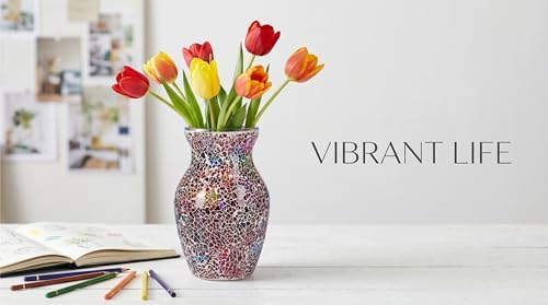 8" Deep Red Rainbow Mosaic Vase, Hand-Pasted Colorful Glass Flower Vase, Vibrant Crackle Art Centerpiece for Modern Home, Office & Creative Decor - Image 3