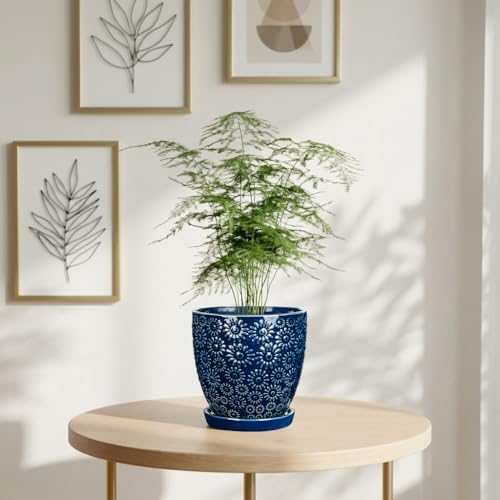 Hollyone 6 Inch Blue Ceramic Planter Flower Plant Pot with Drainage Hole and Saucer for Plants Embossed Indoor Outdoor Garden Embossed Ceramic Glazed Round Pot for Succulent Orchid Sunshine Pattern - Image 5