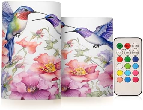 ALAZA Spring Hummingbird Flowers Flickering Flameless Candles Battery Operated with Remote Timer,Tea Light Candles LED Pillar Votive Candles Set of 2 for Outdoor Indoor Decorations by ALAZA