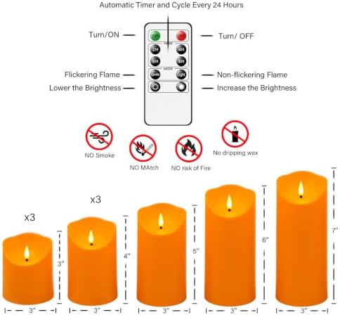 Eebuss Flameless Candles with Remote Timer, Battery Operated Realistic Flickering LED Candles, 9 Packs Fake Candles for Home Decor (D3 x H 3" 4" 5" 6" 7") Orange - Image 5
