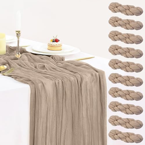 10 Packs Nude Cheesecloth Table Runner 35x120 inch, Boho 10ft Light Brown Cheese Cloth Table Runner Gauze Rustic Table Cloth for Bridal Shower Wedding Birthday Party Holiday Decor by BlueTopCoLtd
