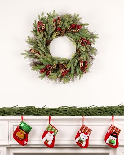 26” Christmas Wreath with Hanger Lights for Front Door Outdoor Evergreen Fir Berry Clusters Pine Cones Winter Décor Indoor Wall Decorations - Image 4