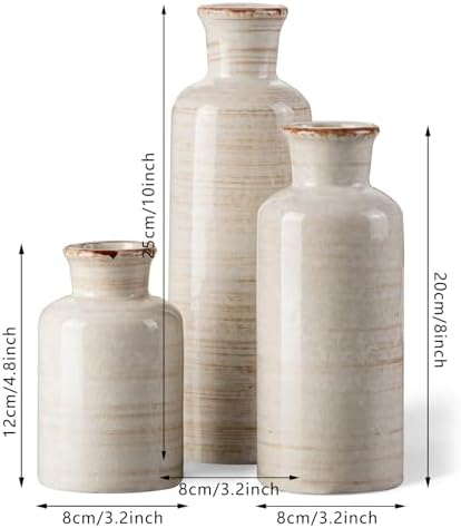 White Rustic Ceramic Vase Set of 3, Farmhouse Vase for Home Decor - Image 2