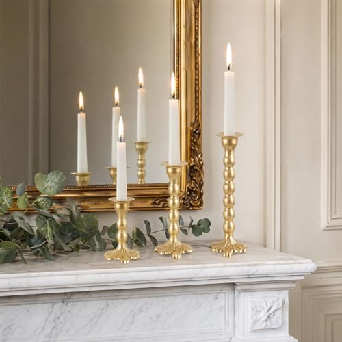 AIM & GGKK Gold Candlestick Holders Set of 3, Premium Metal Taper Candle Holders with Elegant Petal Base & Beaded Column Design, Matte Gold Finish for Table Centerpiece Wedding Party Home Decor - Image 6