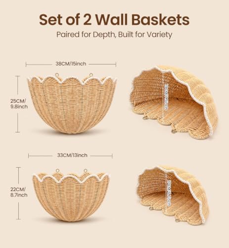 Scalloped Wall Basket 2 Pcs Hand Woven Wicker Hanging Basket Rattan Wall Decor for Nursery, Bathroom, Living Room - Image 2