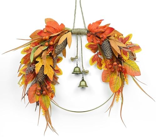 Thanksgiving Fall Wreath for Front Door 15.7 Inch Autumn Wreath Harvest Wreaths with Pine Cones Maple Leaves Berries Autumn Fall Decorations for Porch Wall Outdoor Indoor Festival Party Decor by Kuabiz