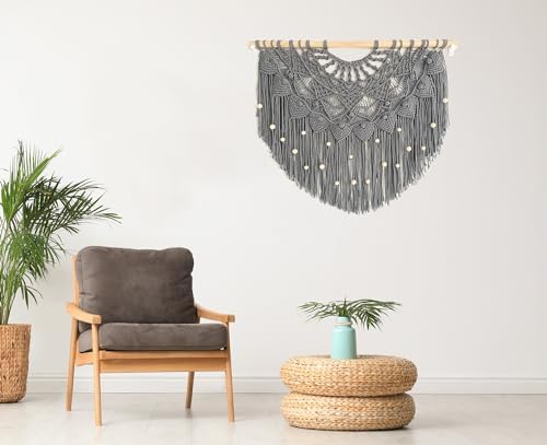 Youngeast Large Macrame Wall Hanging Boho Beaded Curtain for Window Macrame Bedroom Headboard Living Room Wall Art Tassel Tapestry Bohemian Woven Wall Decor 31" W X 25" H (Grey) - Image 3