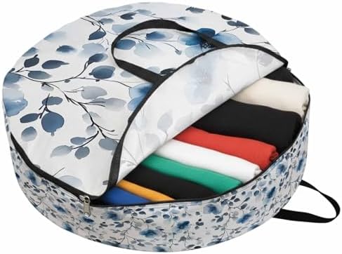 Blue Flowers Round Storage Bag 30 Inch, Retro Spring Watercolor Leaves Floral Clothes Storage Container with Handles Heavy Duty Organizer for Comforter, Bedding & Holiday Wreaths by Unknown