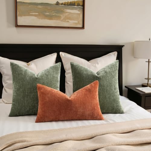 decorUhome Fall Chenille Dark Olive Green Throw Pillow Covers 24x24 Inch Set of 2, Decorative Soft Couch Pillow Covers Solid Dyed Accent Euro Sham Farmhouse Neutral Square Pillow Cases for Sofa - Image 5