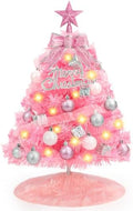 2FT Pink Mini Christmas Tree with Lights, Balls Tree Skirt 8 Lighting Modes by MACTING