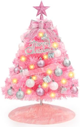 2FT Pink Mini Christmas Tree with Lights, Balls Tree Skirt 8 Lighting Modes by MACTING