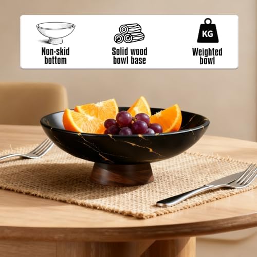 Black Marble Texture Decorative Bowl with Wood Base – 11" Modern Pedestal Fruit Bowl for Dining Table, Kitchen or Entryway Décor - Image 5