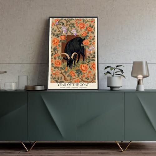 Chinese Lunar Year of the Goat Black Goat Wall Art with Orange Floral and Iris Pattern - Home Decor Posters for Room Aesthetic Family Wall Decor Prints Canvas Wall Art 16X24 in Black Framed - Image 4