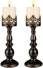 Candle Holders for Pillar Candles Gothic Distressed Black Vintage Tall Candle Holders Set of 2 Decorative Large Table Centerpieces Candle Stand Decor (Distressed Black 2PCS A) by DRELIFAM