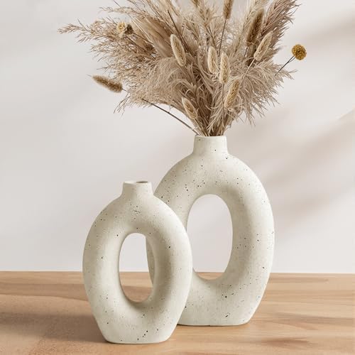 LE TAUCI Ceramic Vases Set of 2, Cream Hollow Donut Flower Vases, Nordic Boho Decor Decorative Centerpiece for Living Room, Table, Shelf, Mantel, Warm Ivory Speckled (H10.5”xW8.5”) by LETAUCI