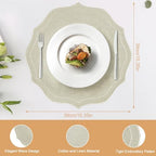Set of 8 Cotton Linen Placemats, 15x15 Round Scalloped Cloth Table Mats, Embroidery Machine Washable, Wrinkle Resistance Fabric Place Mats for Wedding Summer Baby Shower Party Table Decor-Beige - Image 2