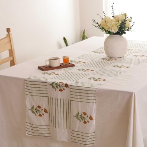 Hand Block Printed Cotton Table Runner, Boho Floral Home Decor, Machine Washable Cotton Runner for Family Dining Tables and Sideboards, 12x87 Inches - Green & Orange - Image 2