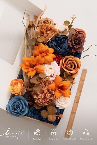 Ling's moment Fake Flowers Box, Faux Artificial Greenery Stems Foam Roses Gardenia Peony Silk Eucalyptus Pampas Fabic Flower for Centerpieces Bouquet Wedding Vase, Orange & Navy, Deluxe Combo - Image 4
