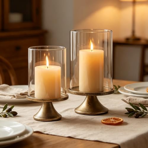 Hurricane Glass Candle Holders Set of 2, with Glass Dome and Iron Base, Vintage Decorative Pillar Candle Holder for Mantel, Living Room, Dining Room Centerpiece, Home Decor by Unknown