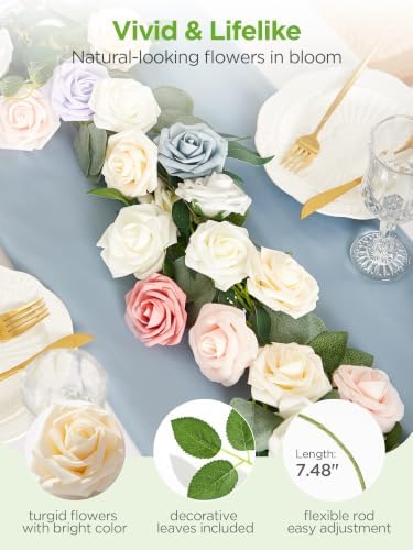 InnoGear Artificial Flowers, 50 Pcs Cream Foam Fake Roses Bulk with Stems for Decoration DIY Wedding Bouquets Centerpieces Bridal Shower Party Christmas Tree - Image 2