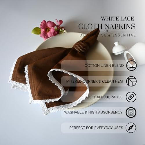FINGERCRAFT Lace Cloth Napkins, Cotton Linen, 12 Pack, 20x20 Inch, Brown - Image 4