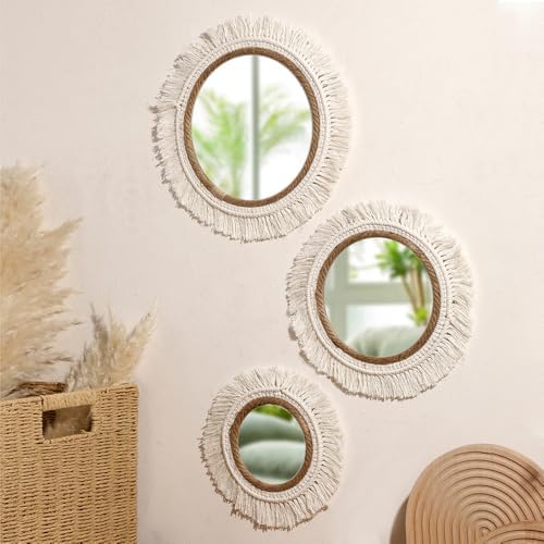 3pcs new Home Boho Decorative Mirrors Macrame Round Mirror Aesthetic Room Decor Hanging Wall Mirror for Bedroom Living Room House Decoration - Image 2